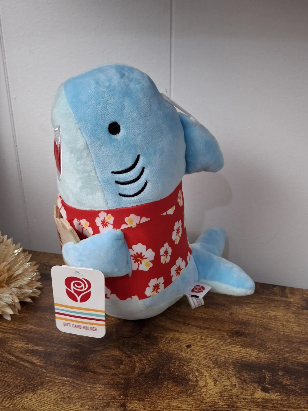 Blue 'You're Jawesome' Plush Shark with Red Floral Hawaiin Shirt Gift CardHolder